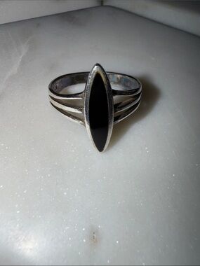 .925 Sterling Silver Black Onyx Marquise Stone Ring